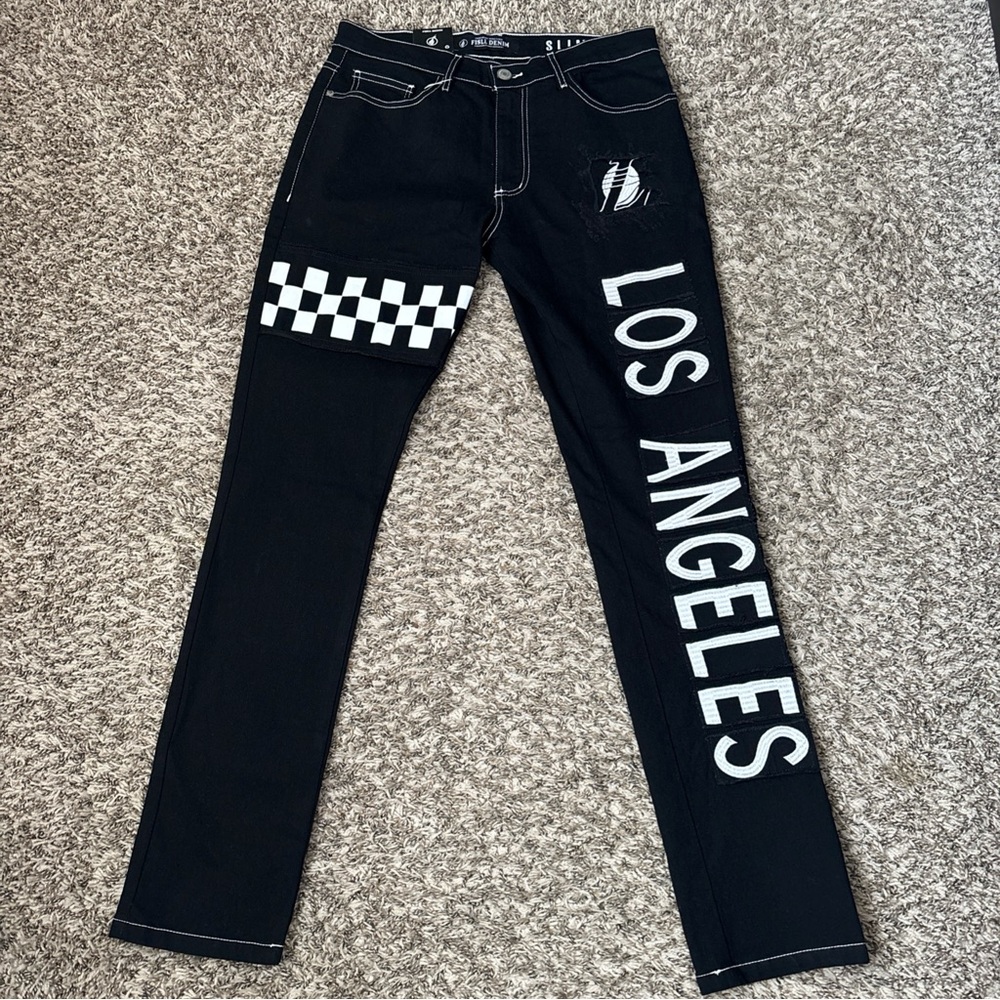 FISLL NBA Men's LA Lakers Denim Jeans with Checkered Pattern, Black NWT 36x32